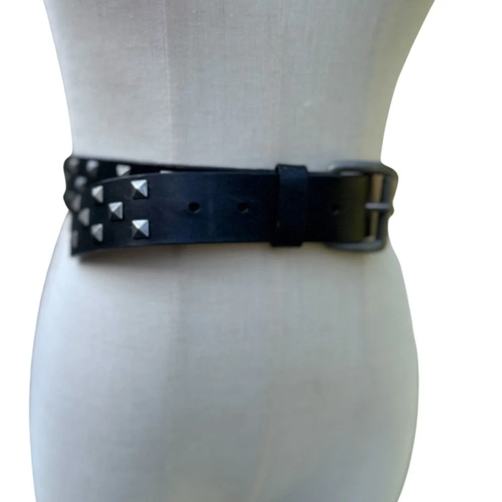 Black Split Leather Pyramid Studded Belt Men Large Silver Hardware Punk Rocker
